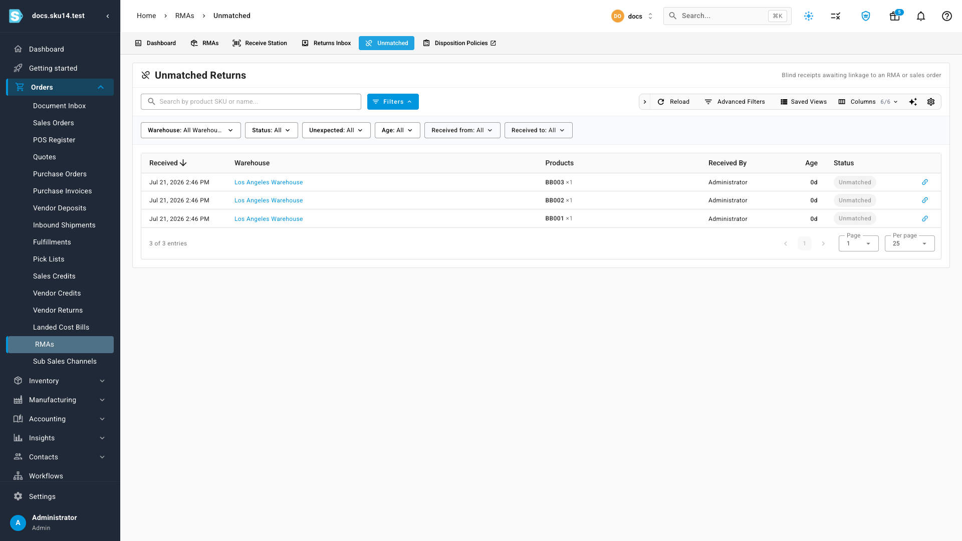The Unmatched Returns report listing three blind receipts with filters and link icons