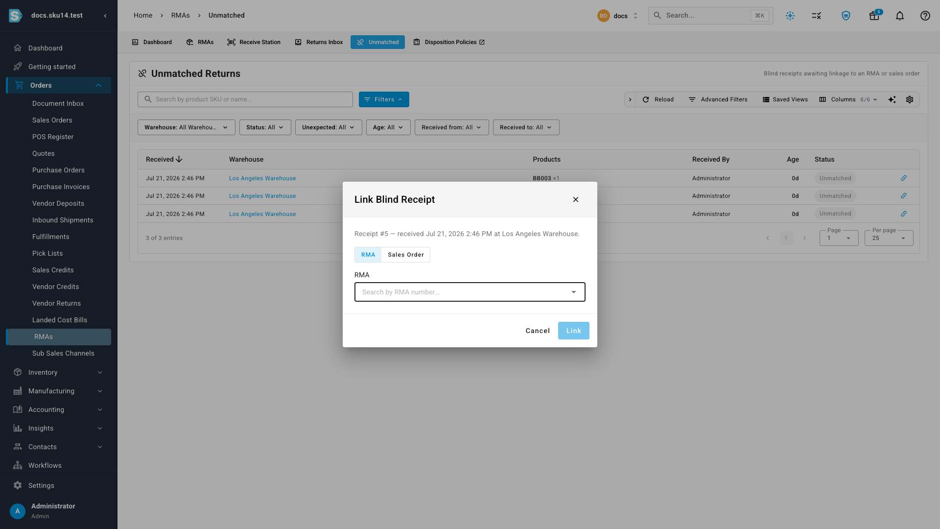 The Link Blind Receipt dialog showing the receipt context, an RMA / Sales Order toggle, and an autocomplete search