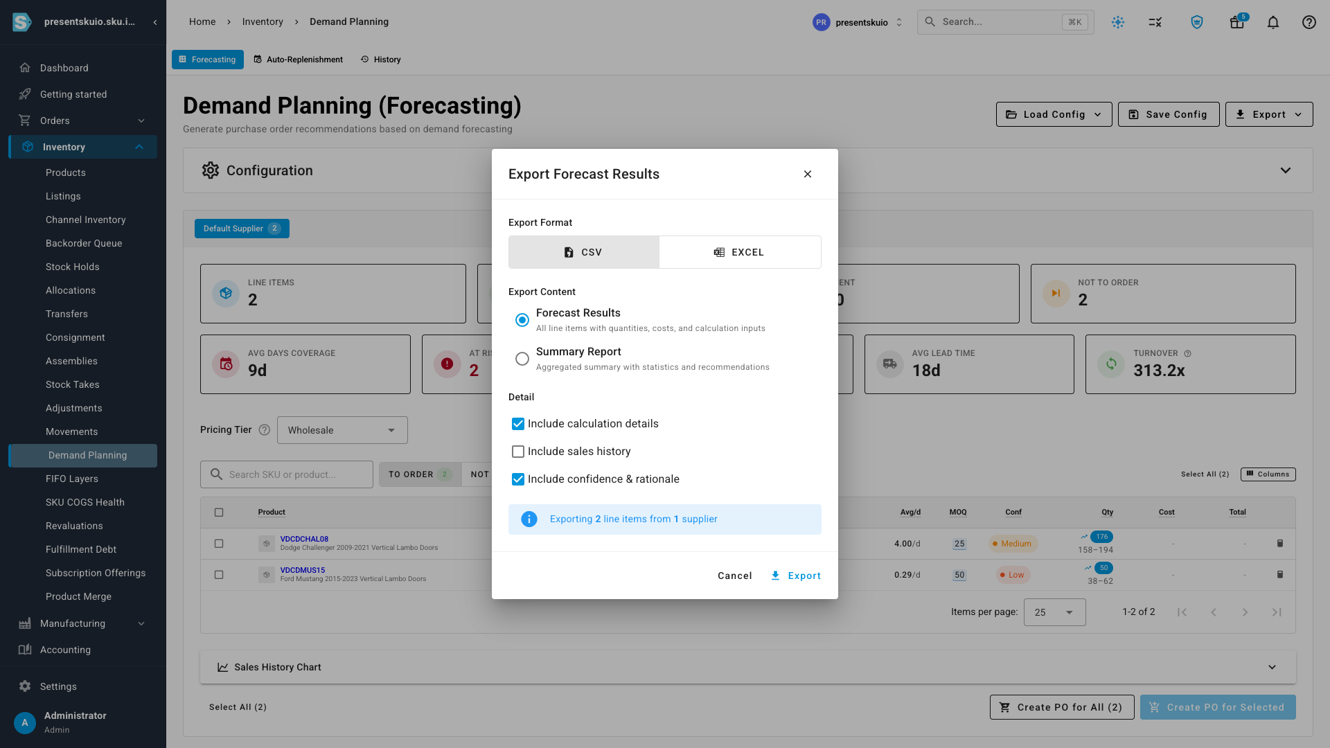 The Export Forecast Results dialog with a new Detail section offering "Include calculation details", "Include sales history", and "Include confidence &amp; rationale" toggles