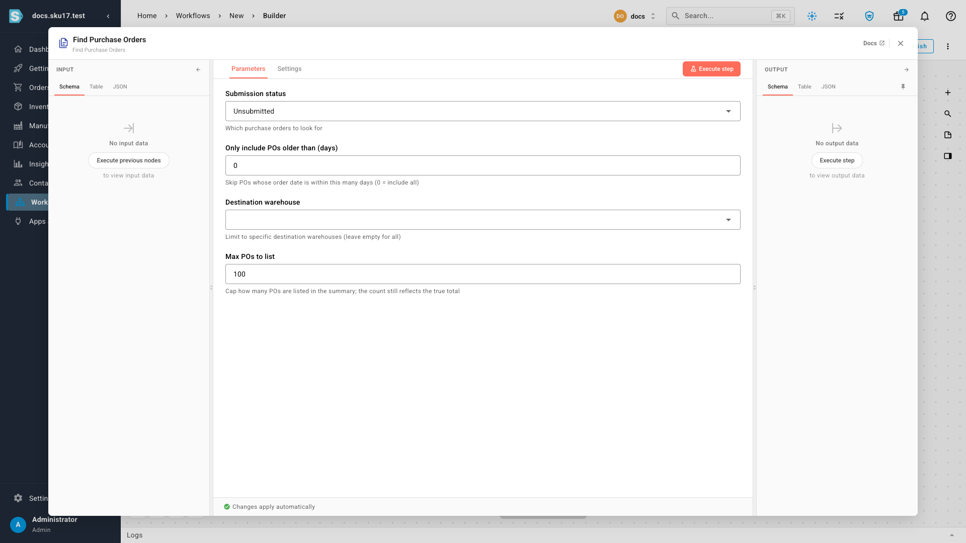 The Find Purchase Orders node's settings, with Submission status set to Unsubmitted