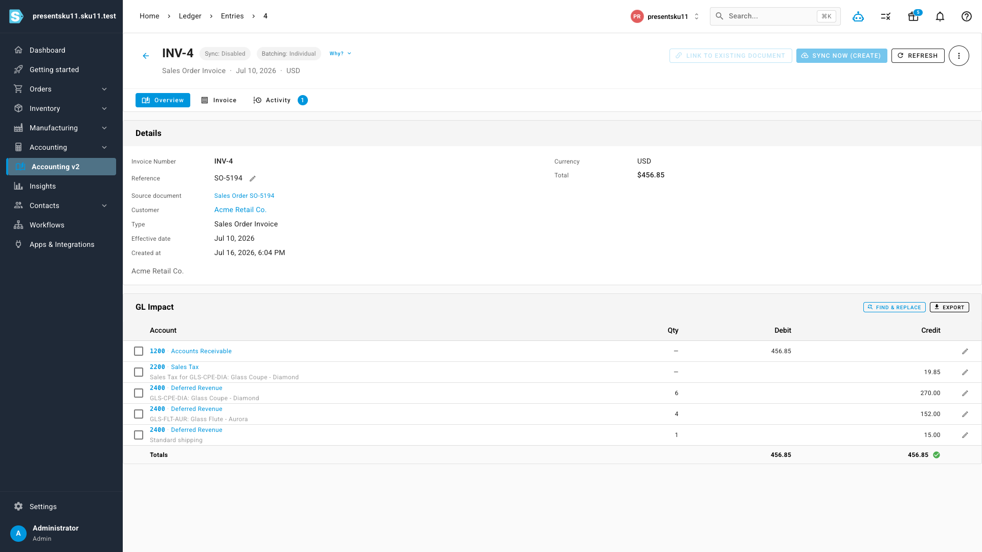 A sales invoice ledger entry crediting Deferred Revenue for product and shipping lines, with no revenue recognized yet