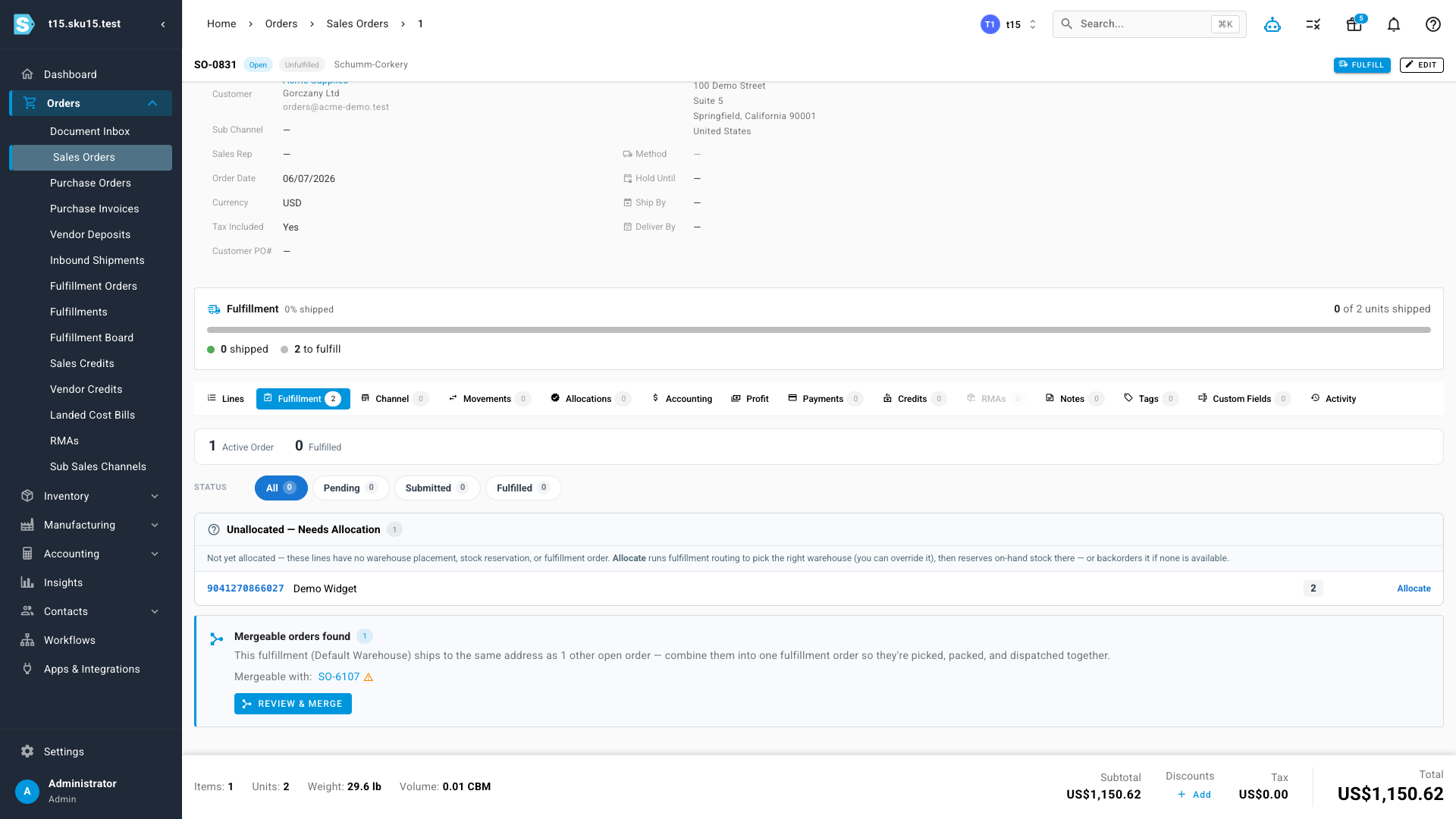 The Fulfillment tab showing a "Mergeable orders found" prompt with a Review &amp; merge button