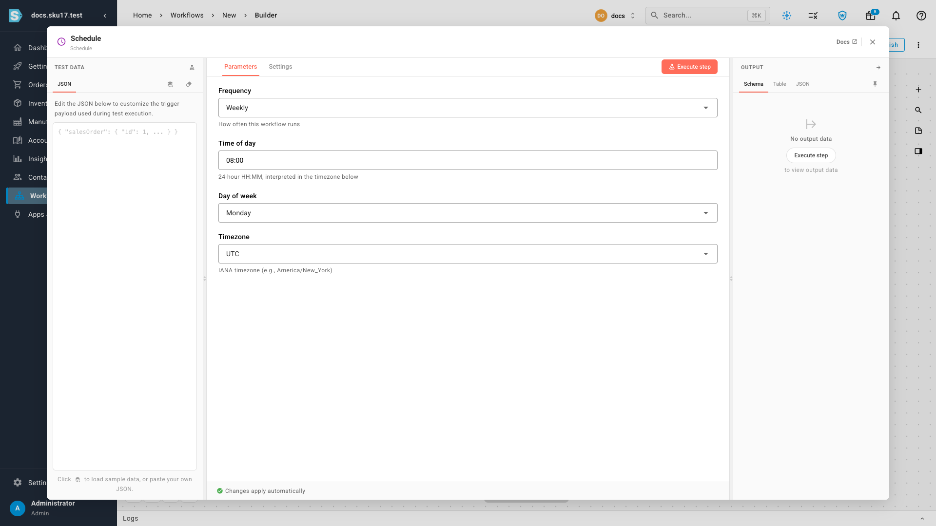 The Schedule node's settings — Frequency, Time of day, Day of week, and Timezone